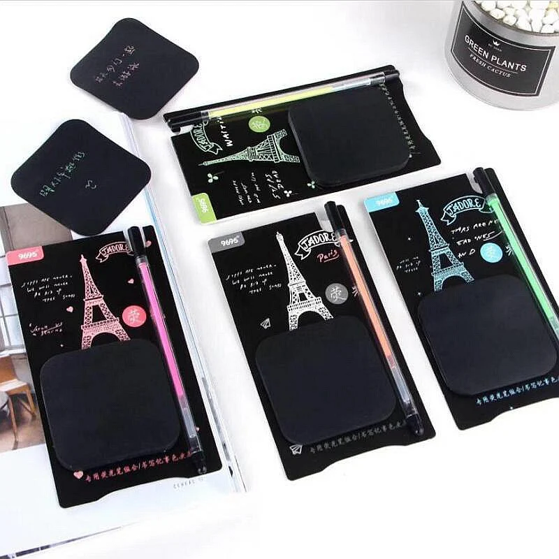 Black Pape Sticky Notes with Fluorescent Pen Self-Adhesive Memo Pad 50 Sheet Planner Stickers Notepads Office School Supplies