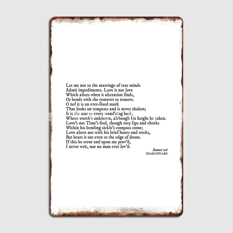 William Shakespeare Sonnet 116: Let Me Not To The Marriage Of True Minds Metal Plaque Poster Mural Plates Tin Sign Posters