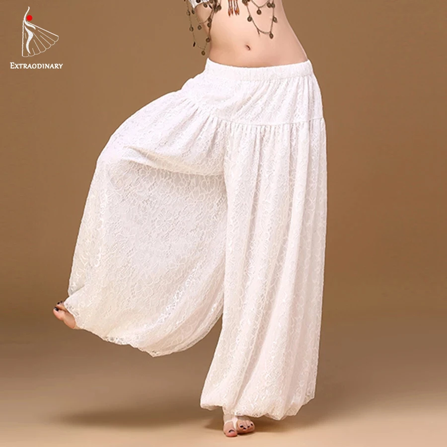 Women Dance Pants White Elastic Waist Lace spandex Belly Dancer Pants Wide Leg Loose Long Trousers Bloomers Gypsy Pants