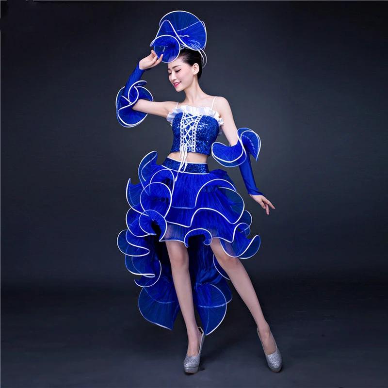 

modern dance clothing jazz dance costumes (top+skrit+cuff)female costume sequined dresses pink adult clothing singer dancer star