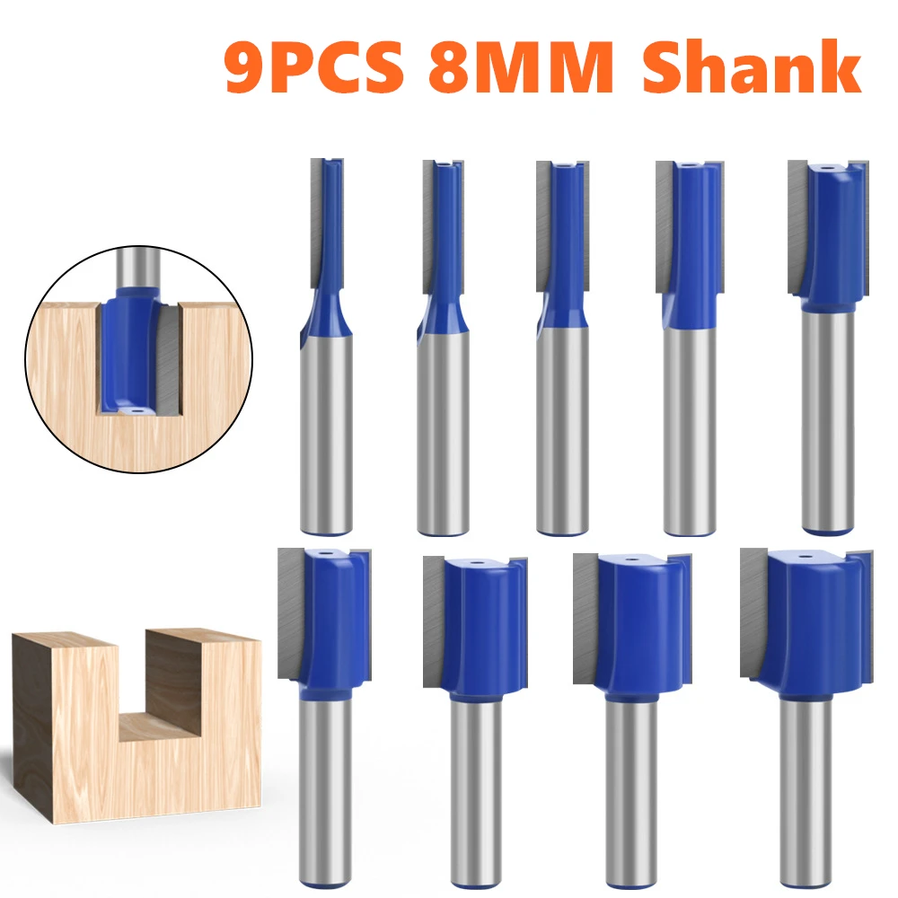 

9PCS 8mm Shank 5/6/8/10/12/14/16/18/20mm Cutting Diameter Carpenter Milling Cutter Straight Woodworking Router Bit Set