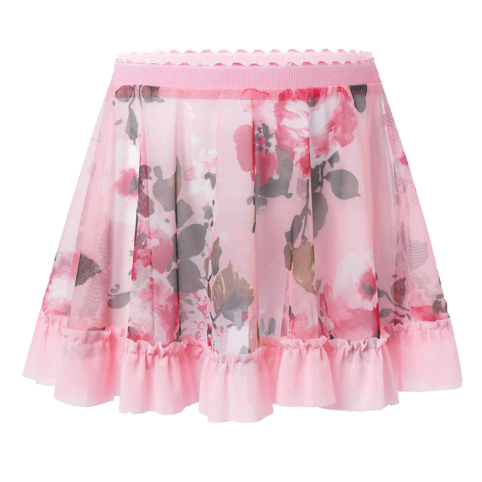 

Kids Girls See-through Floral Print A-line Mesh Skirt Ballet Dance Gymnastics Leotard Skirt Children Performance Party Dancewear