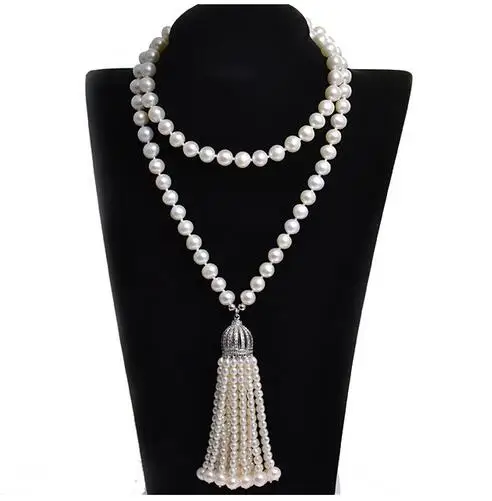 

free shipping fringe Long 100% real Natural pearl Necklace suitable for wedding and party 32inch jewelry