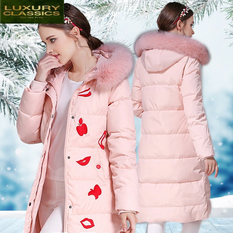 Coat Female Elegant Winter Women's Down Jacket + Fur Hooded 2021 Korean Ladies Warm Print Coats Thick Long Jackets LW970