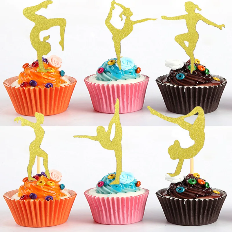 36pcs Glitter Gold Gymnast Cupcake Toppers Gymnastics Girl Cake Topper Food Fruit Dessert Appetizer Pick Birthday Party Supplies