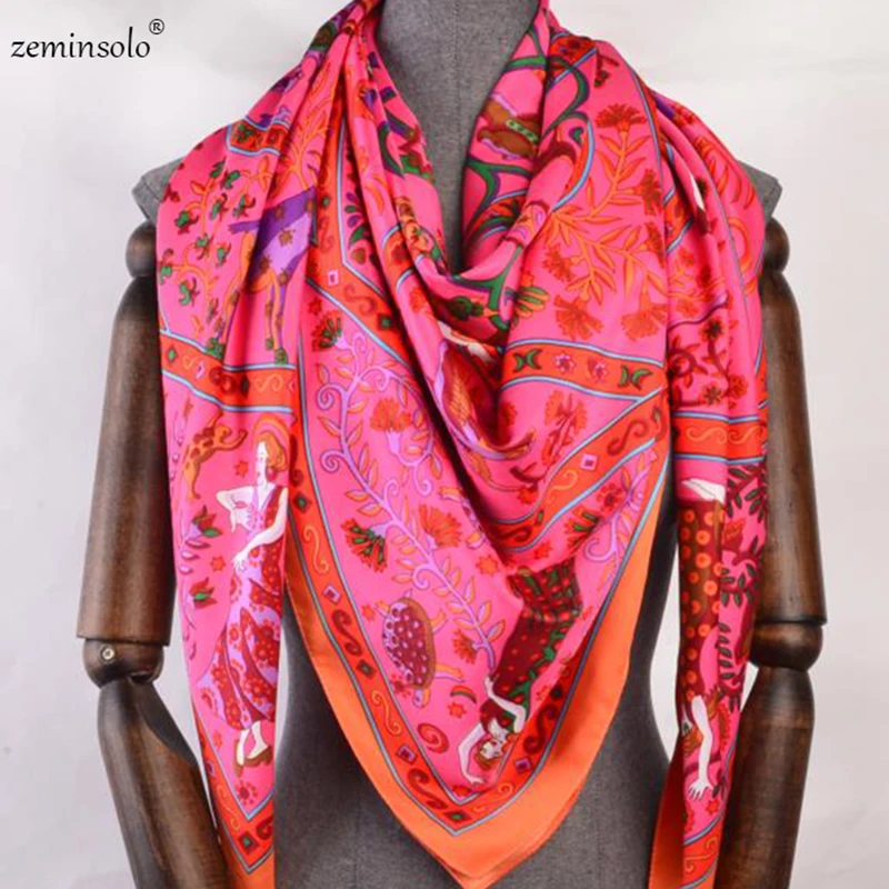 130*130cm 2021 New Brand Twill Silk Scarf Bandana Pendant Print Scarves For Women Headband Large Square Scarves Shawls Poncho