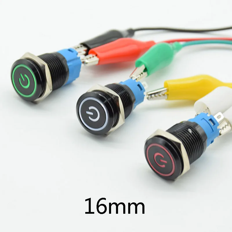 16mm red blue  green white Light Hot Car Auto Metal LED Power Push Button Switch Self locking/Reset On-off 5V 12V 24V 110V 220V