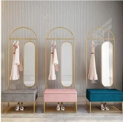 Nordic clothes rack with rotating full-length mirror floor room hanging clothes rack storage rack shoe changing stool