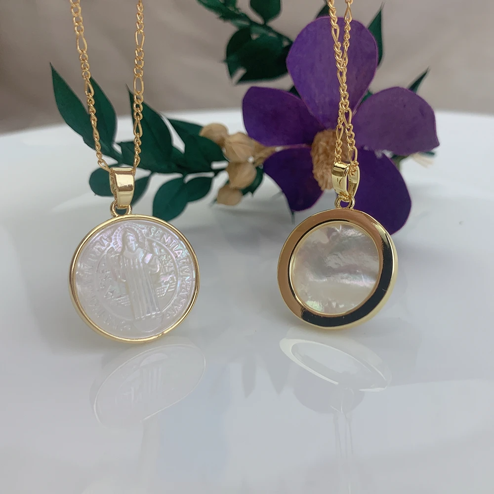 Sacred Holy Bible Cross Saint Benedict Virgin Mary Guadalupe Choker Necklace For Women MOP Pearl Shell Religious Pendant Jewelry