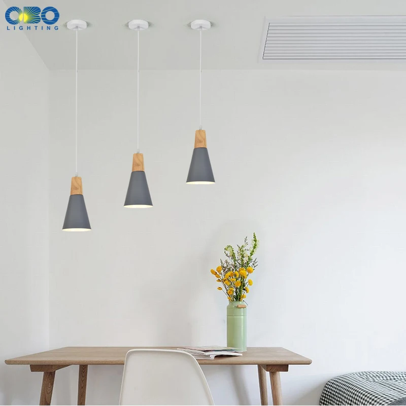 Luces colgantes nórdicas de aluminio, pantalla de lámpara colorida de café, dormitorio, Loft, Cable de 1,2 m, iluminación interior LED de madera E27