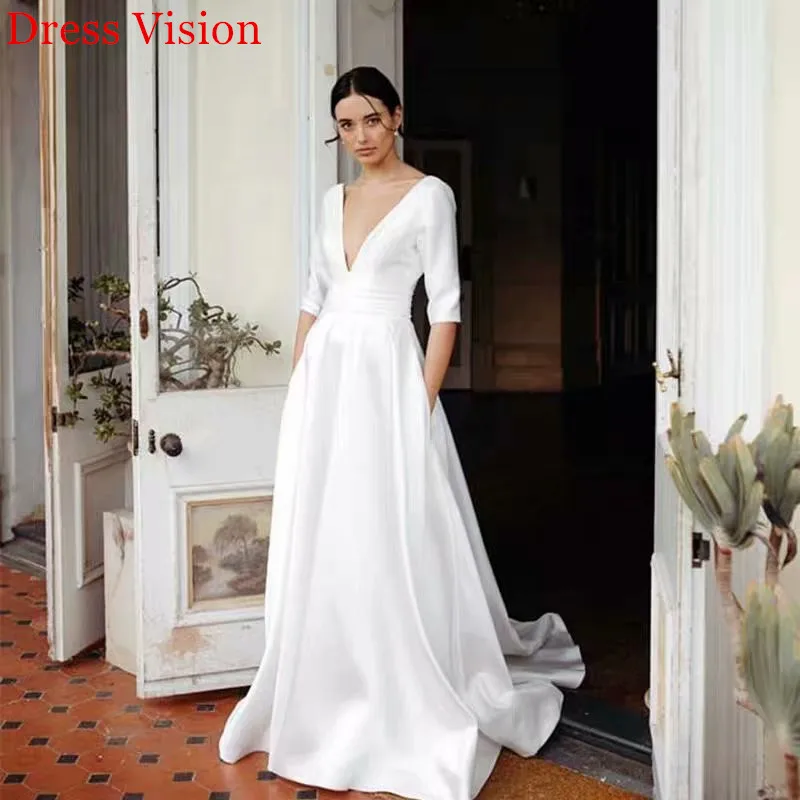 

Customized Deep V-neck Wedding Dresses 2025 Simple Satin A-line Sweep Train Bride Gown For Female Vestidos De Novia Sexy Back
