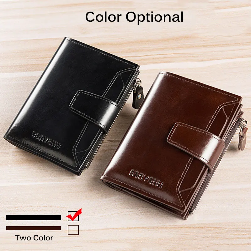 Men\'s Genuine Leather RFID Blocking Trifold Wallet Short Vintage Multi function Credit Card Holder Coin Zipper Pocket Money Bags