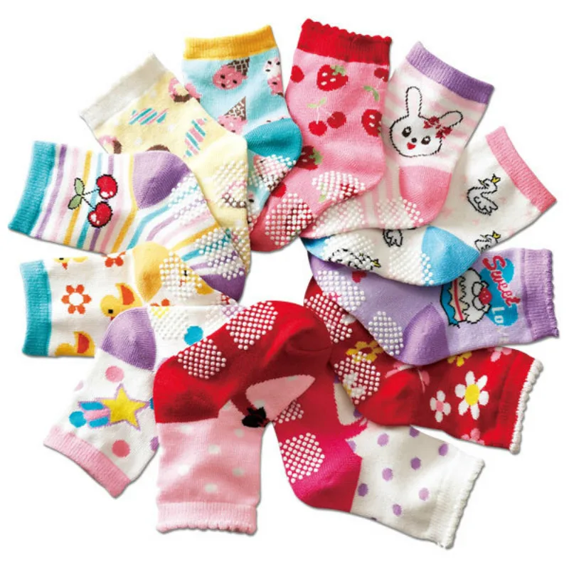 (12 Pairs/lot  Cotton Baby Boys Girls Socks Rubber Slip-resistant Floor Socks Cartoon Kids Socks 12cm-14cm