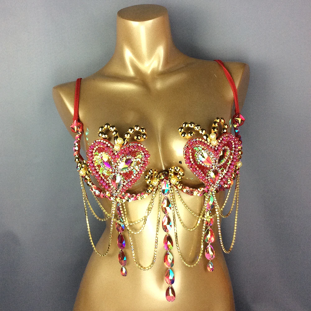 Bikini de cristal brillante Samba, sujetador de carnaval, Arco Iris, rosa, piedra roja, sujetador de alambre para danza del vientre, ropa de baile de Reina del vientre, traje Gogo