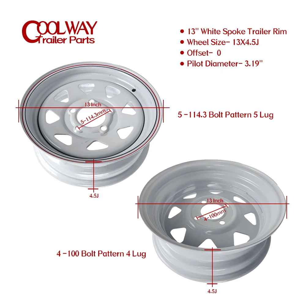 13 Inch X 4.5J White Spoke Trailer Rim 4-100 and 5 -114.3 Car Bolt Pattern Caravan Boat RV Parts Accessories