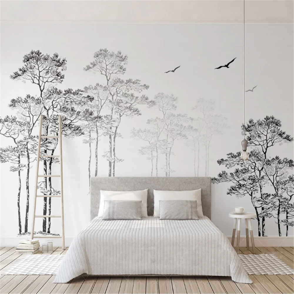 

Milofi custom mural wallpaper simple Nordic style black and white sketch abstract tree flying bird TV background wall cloth