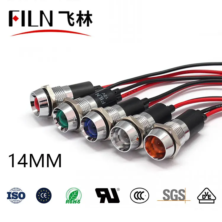 FILN Hot sale Metal 14mm 12v 24v 220v 110v signal lights high quality led indicator lights with wire