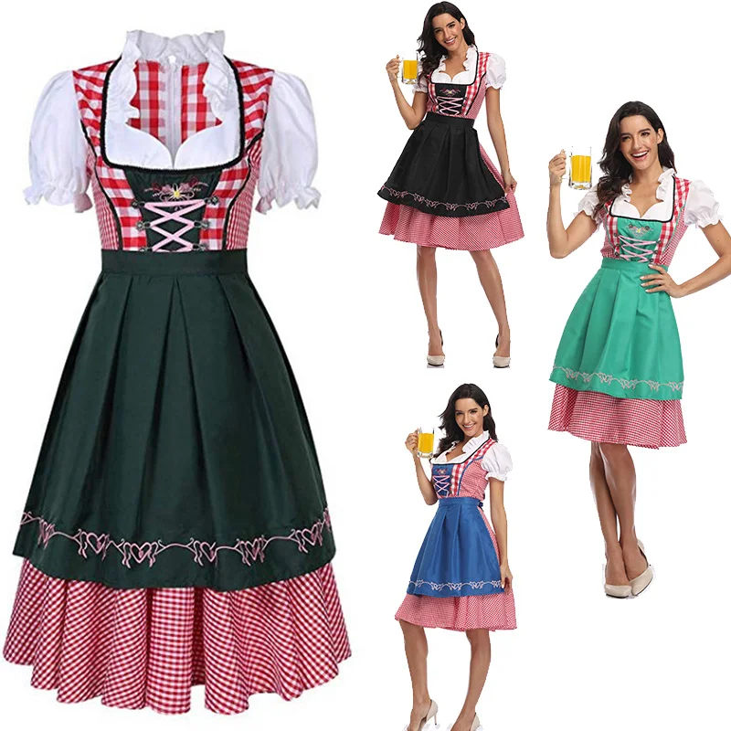 Dirndl-Disfraz de Oktoberfest para mujer, ropa de fiesta a cuadros de color rosa, para carnaval, Halloween