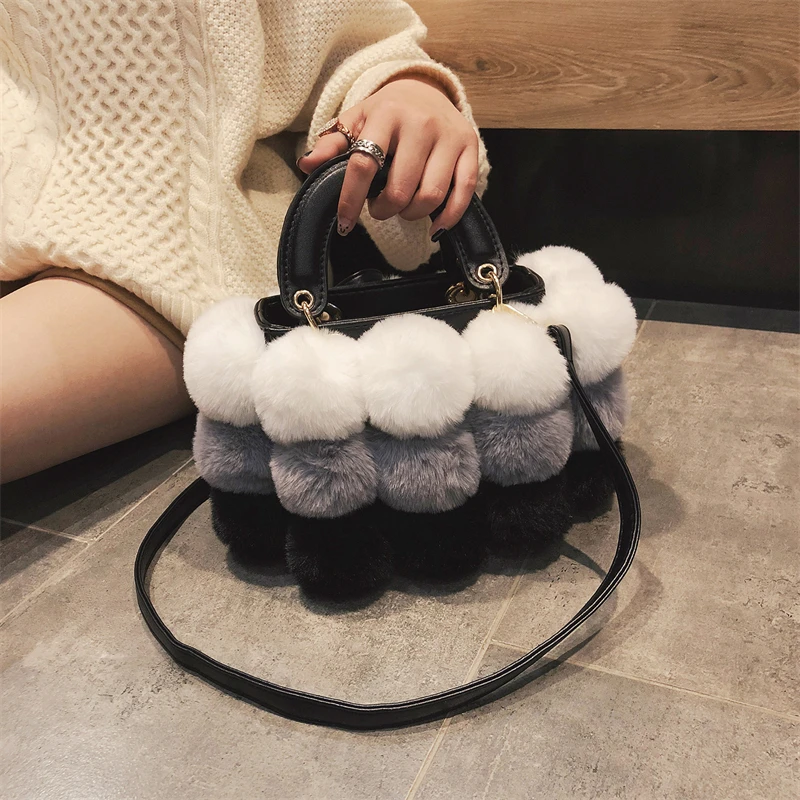 2021 Winter Hot Soft Plush Ball Handbags for Women Luxury Designer Bag Fashion Trends Colorful Fur Crossbody Shopper Bolso Femme