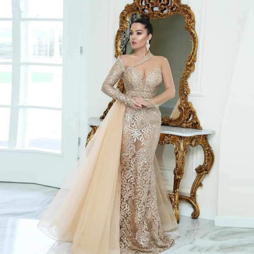 Robe de Soirée de Forme Sirène en Dentelle, Tenue Élégante, Couleur Champagne, Dos aux, Manches sulf, Longue, Quelle que soit la Jupe Latérale, pour Occasions Formelles