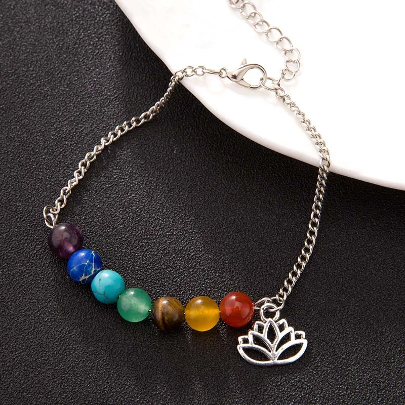 Classic Natural Stone Beads Bracelets Women Bohemian 7 Chakra Lotus Charms Silver Color Link Chain Bracelet Yoga Jewelry