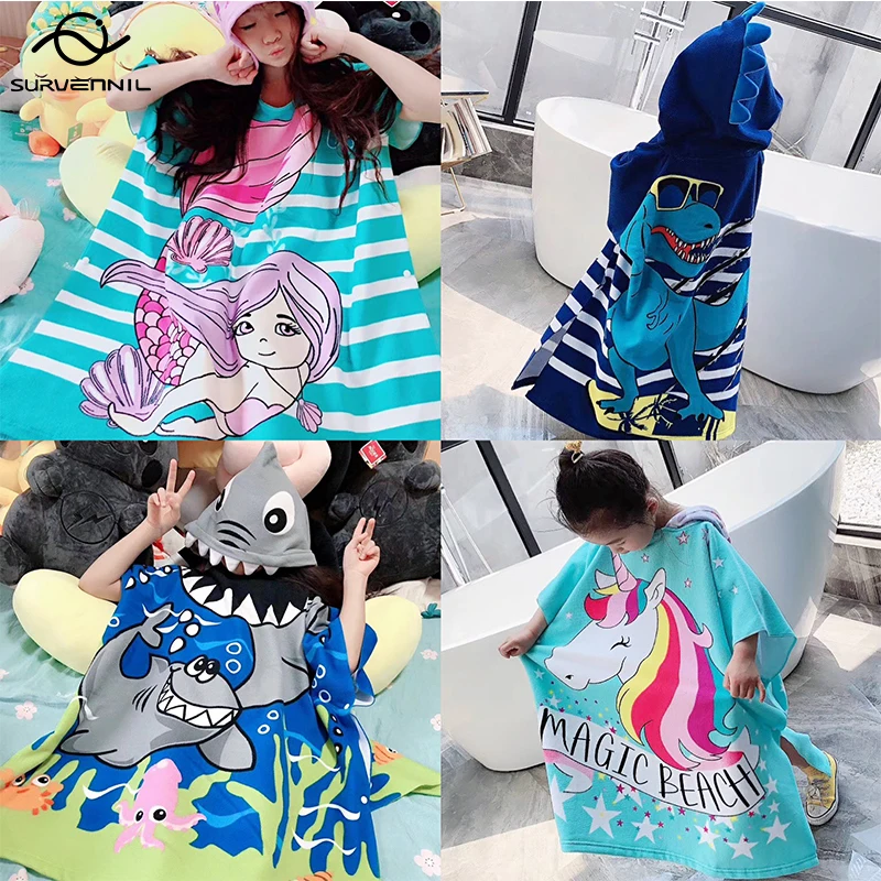 Baby Accessories Cartoon Beach Bath Towel Child Kid Hooded Cloak Bathrobe Quick Dry Cotton Poncho Towel Children Swimming Towels