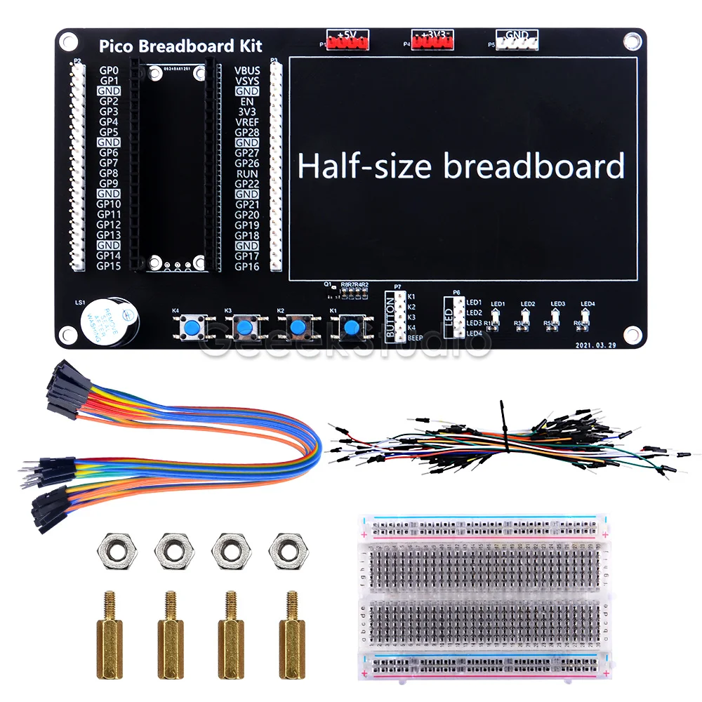 Breadboard Kit for Raspberry Pi Pico /Pico W Copper Pillar M2.5 Nut Built-In LED Lights Buttons Buzzer Half-size Bread Board