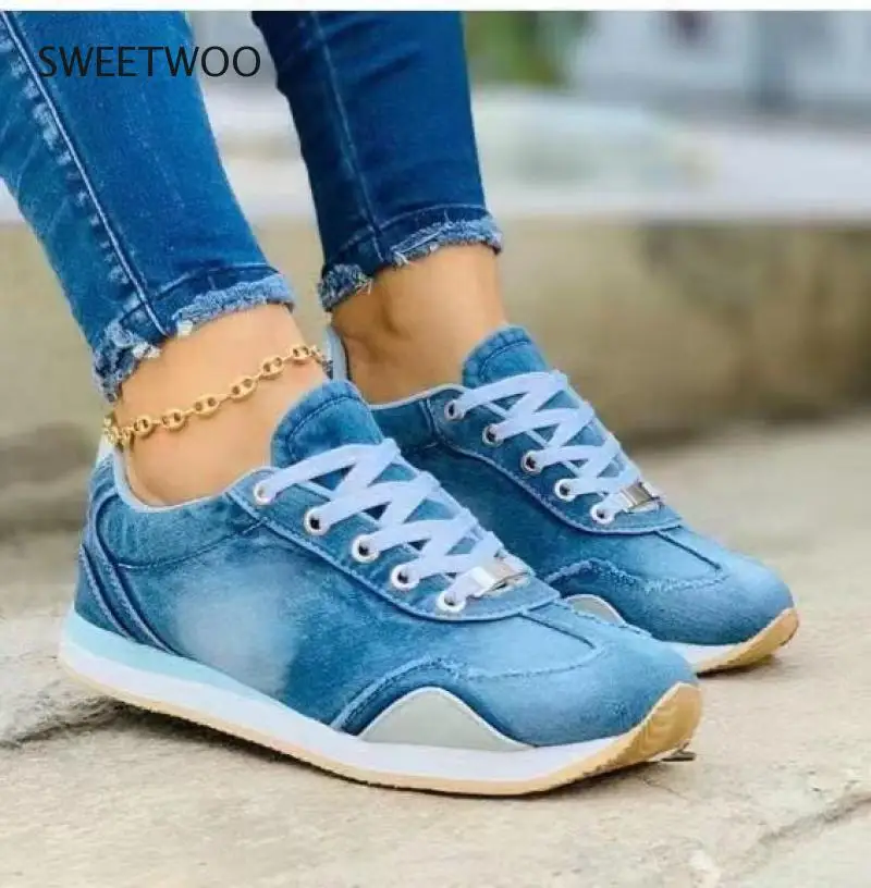 2021 casual single shoes women\'s large size sneakers denim spring and autumn flat vulcanized shoes