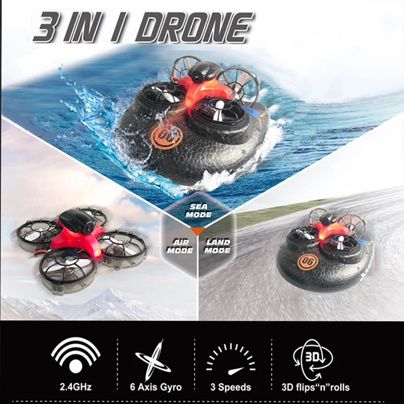 2,4G 4 canales Sea/Land 3 en 1 Barco de carreras volador modo de conducción terrestre desmontable una tecla de retorno RC Drone Quadcopter juguete para niños regalo