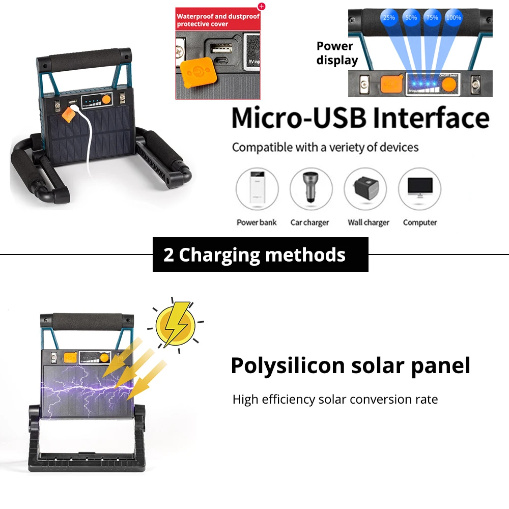 Lanterna solar portátil super brilhante, holofote de luz led à prova d'água, dobrável com poderoso ímã de longa duração