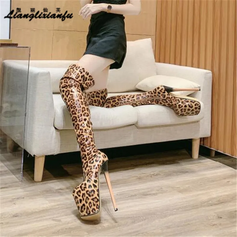 Corssdresser Leopard print Motorcycle botas mujer over-the-knee long Boots Platform Shoes Woman 20cm Thin Heels Party 22cm Pumps