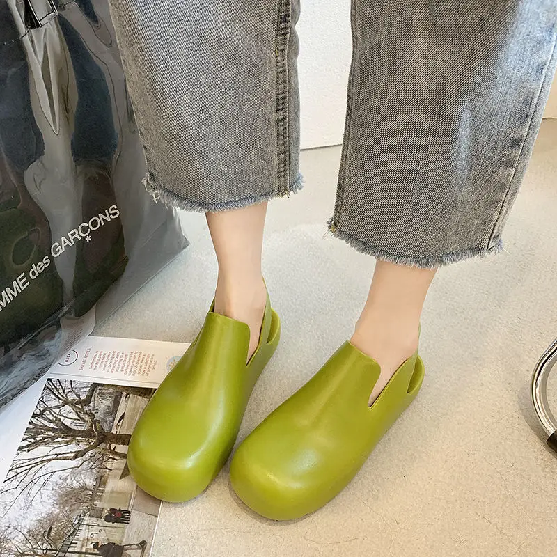 2024 New Summer Soft Bottom Sandals Female Flats Simple Outer Wear Baotou Rain Shoes Jelly Plastic Water Shoes Green Black Brown