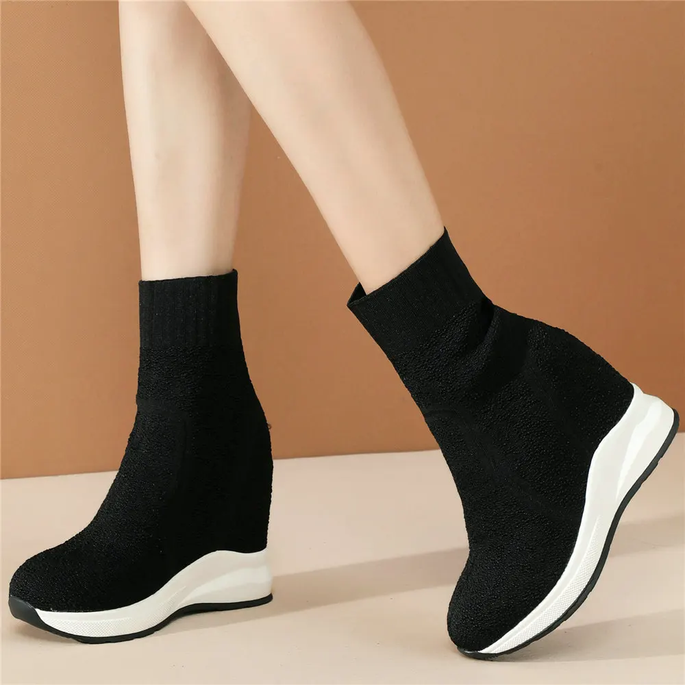 Hoge Top Creepers Vrouwen Breien Wiggen Hoge Hak Enkellaarsjes Vrouwelijke Ronde Neus Chunky Platform Mode Sneakers Casual Schoenen