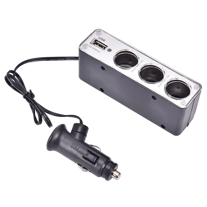 Universal 3 Way Multi Socket Car Cigarette Lighter Splitter USB Plug Charger DC 12V/24V Adapter with USB Port 11.5x 4.55x3.5cm