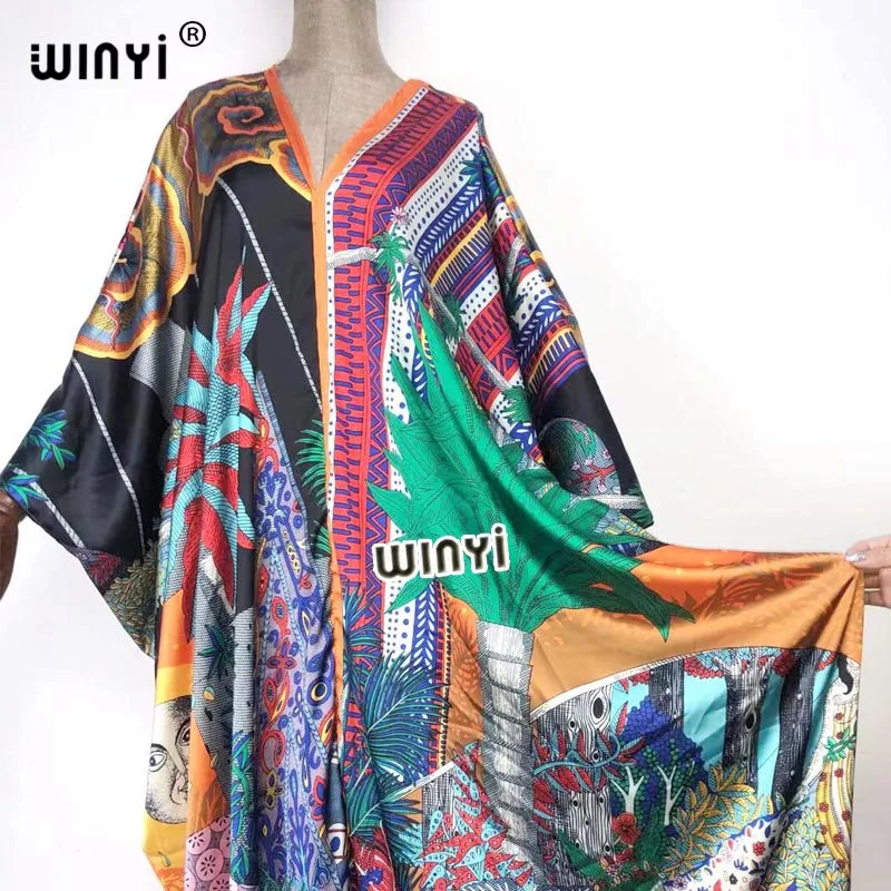 2021 WINYI Bohemia Women V-Neck Long Dress  Muslim Pakistani Marocain Elegante African Lslanm Holiday Batwing Sleeve Silk Robe