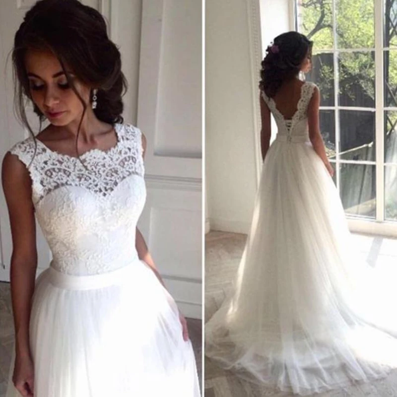 BANVASAC – robe de mariée ligne A en Tulle, avec des Appliques en dentelle, col rond, Simple, avec traîne et dos nu