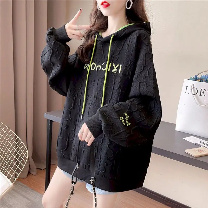 Autumn New Embroidery Hoodies Womens Fashion Loose Large Size Hoodie Korean Trendy Thin Long-sleeved Versatile Hooded Sweatshirt