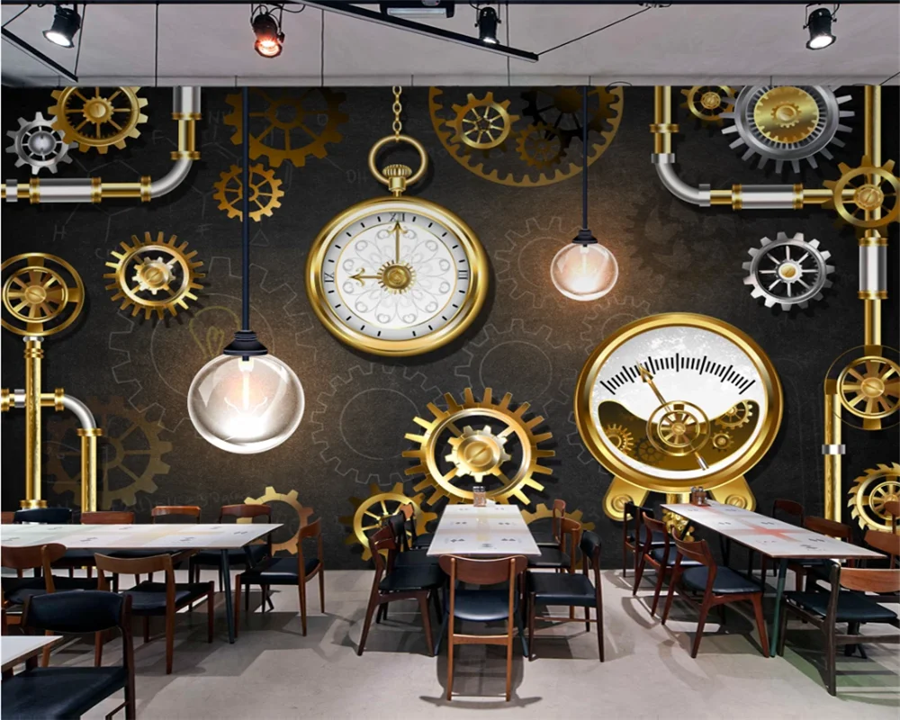 

beibehang Custom hand painted european american industrial golden gear clock blackboard background papel de parede wallpaper