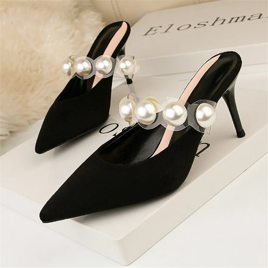 Pointed Toe Suede High Heels Muller Slippers Women's Transparent Pearl Slip On Elegant Shoes Summer Shallow Dress Female Sandals