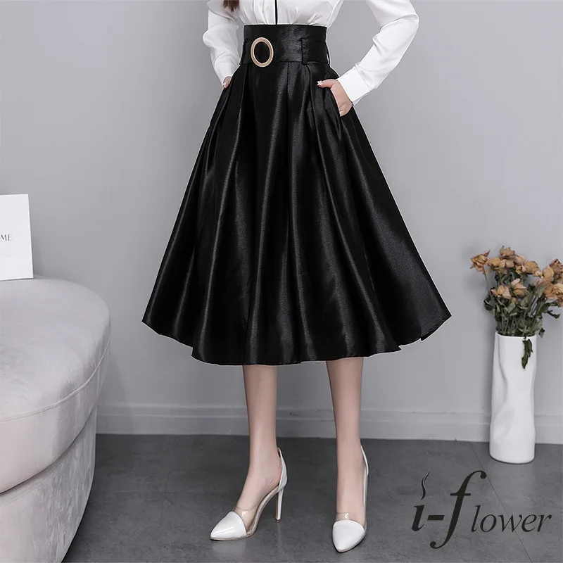 Women's High-Waist Zipper Fly Pleated Satin Midi Skirt, Large Swing Umbrella Skirt with Metal Buckle Belt, Summer