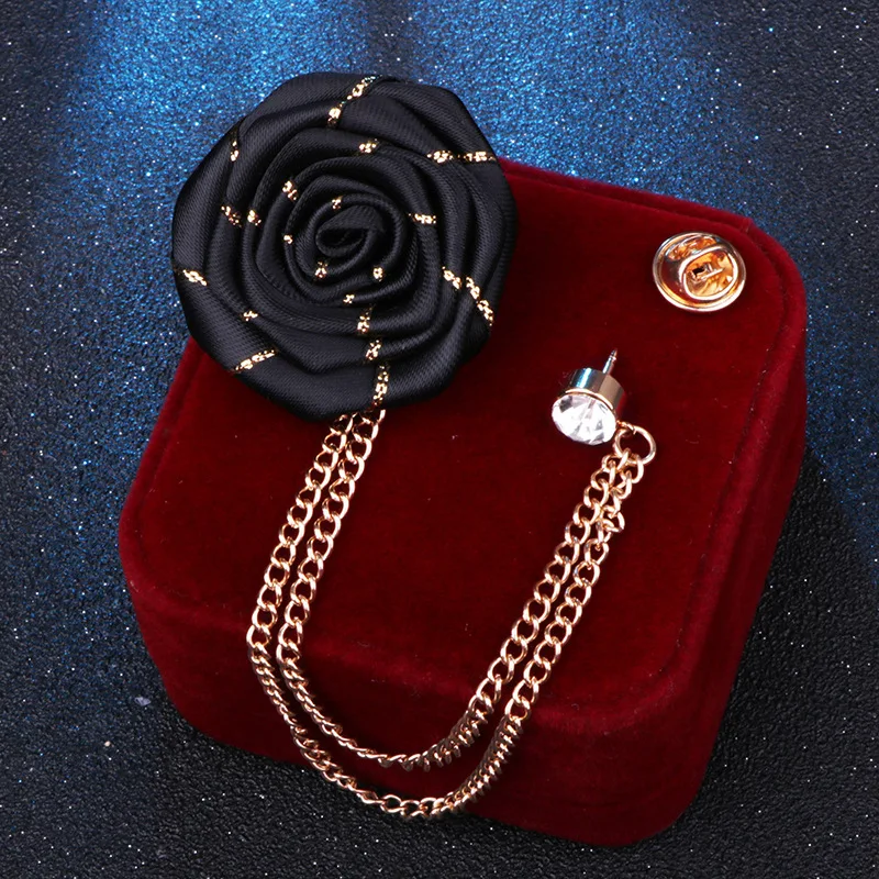 Korean Style Handmade Rose Flower Brooch Pin for Men Wedding Groomsmen Tassel Chain Lapel Accessory Cloth Art Suit Badge