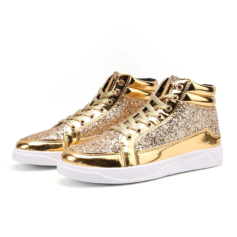 

Hot Golden Mirrors Men's Shoes Fashion Casual Glitter Street Hip hop Sneakers Man Shiny High top Sneakers Men zapatos de hombre