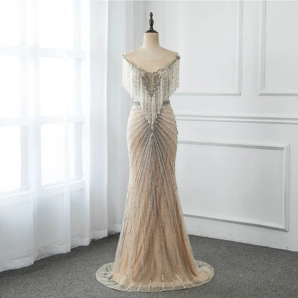 

Vestido De Festa 2021 Luxury Rhinestones Nude Long Mermaid Evening Dresses Beading Pageant Gown Elegant YQLNNE