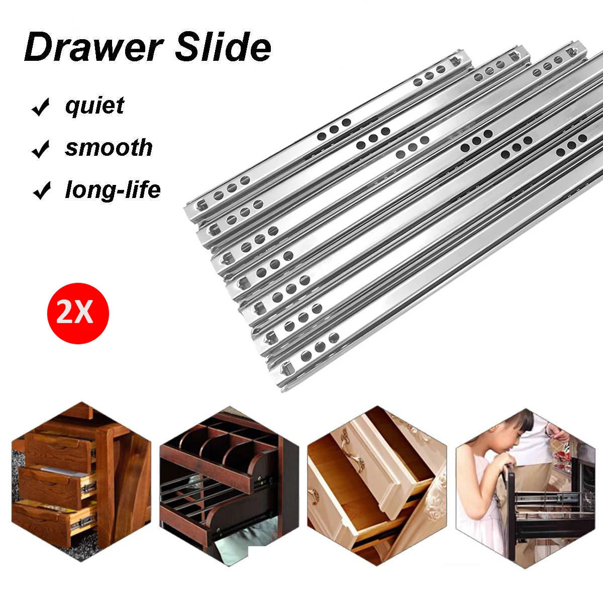 2Pair/Lot 18.2cm 21.4cm 24.6cm 31cm 34cm 40mm Wide Drawer Runner Ball Bearing 2 Sections 2 Ways Rail Telescopic Furniture Slide