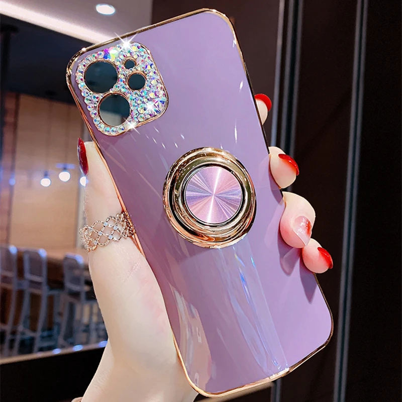 حامل هاتف مغناطيسي للسيارة حافظة كاميرا ماسية لهاتف آيفون 16 15 14 13 12 11 Pro Max X XR XS 7 8Plus غطاء مطلي بالذهب من حجر الراين