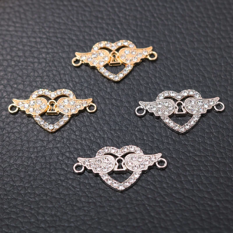 10pcs Handmade Rhinestone Angel Wings Heart Connectors Popular Bracelet Metal Accessories DIY Charms For Jewelry Crafts Findings