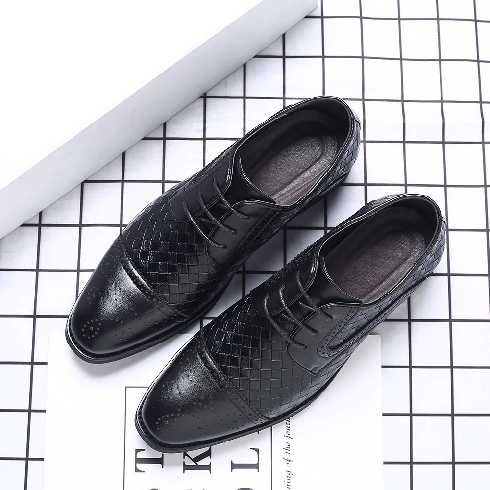 Men\'s Splicing Brogue Shoes Woven Grain Leather Dress Shoes Men Lace-Up Wedding Party Shoes Mens Business Office Oxfords Flats