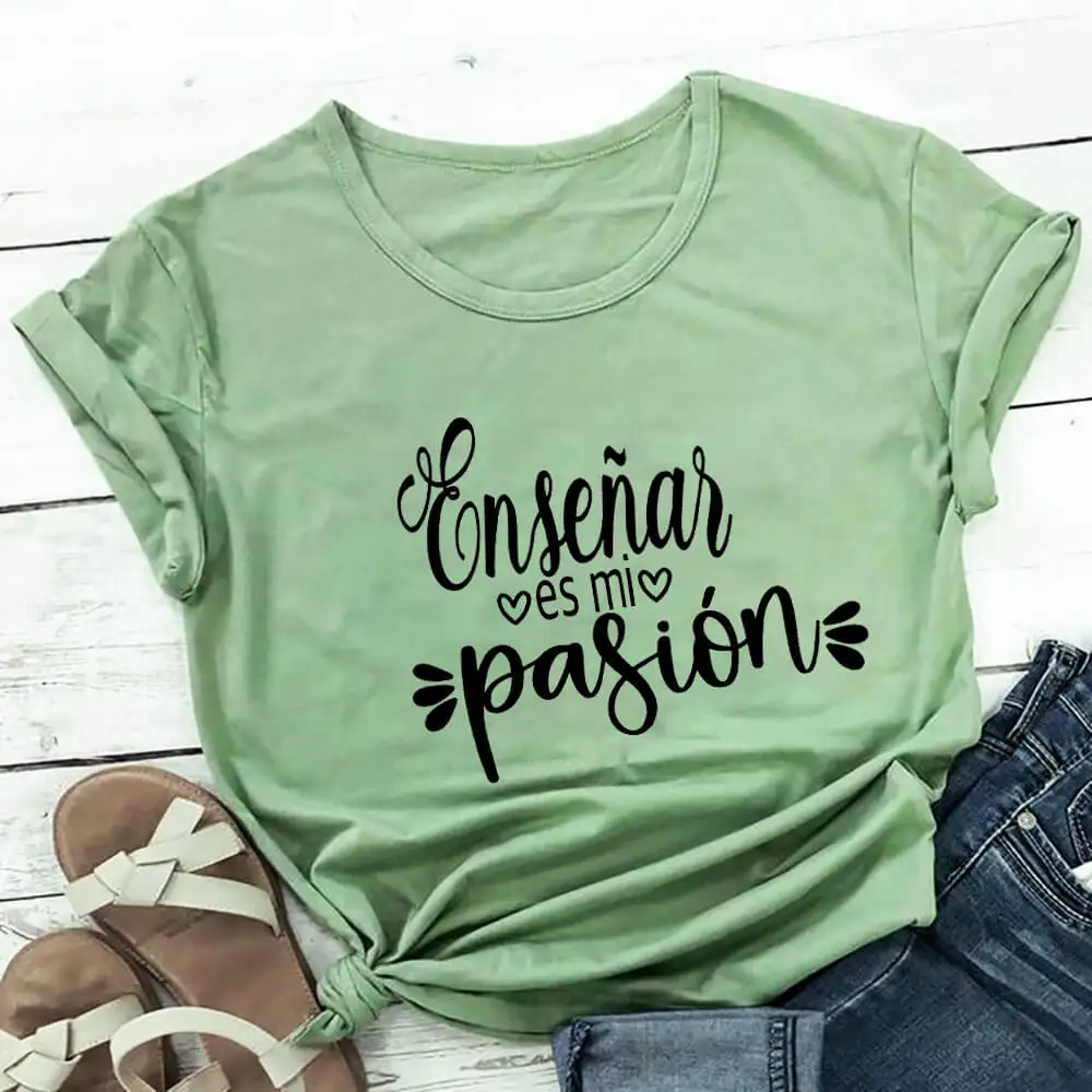 Teaching Is My Passion 100%Cotton Women Tshirt Spanish Shirts Teachers Funny Summer Casual Short Sleeve Top Gift for Teacher