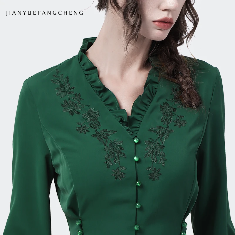 Vintage Embroidery Long Sleeve Women\' Shirt 2021 Autumn New Ruffled V-Neck Satin Top Dark Green Elegant Slim Tunic Blouses