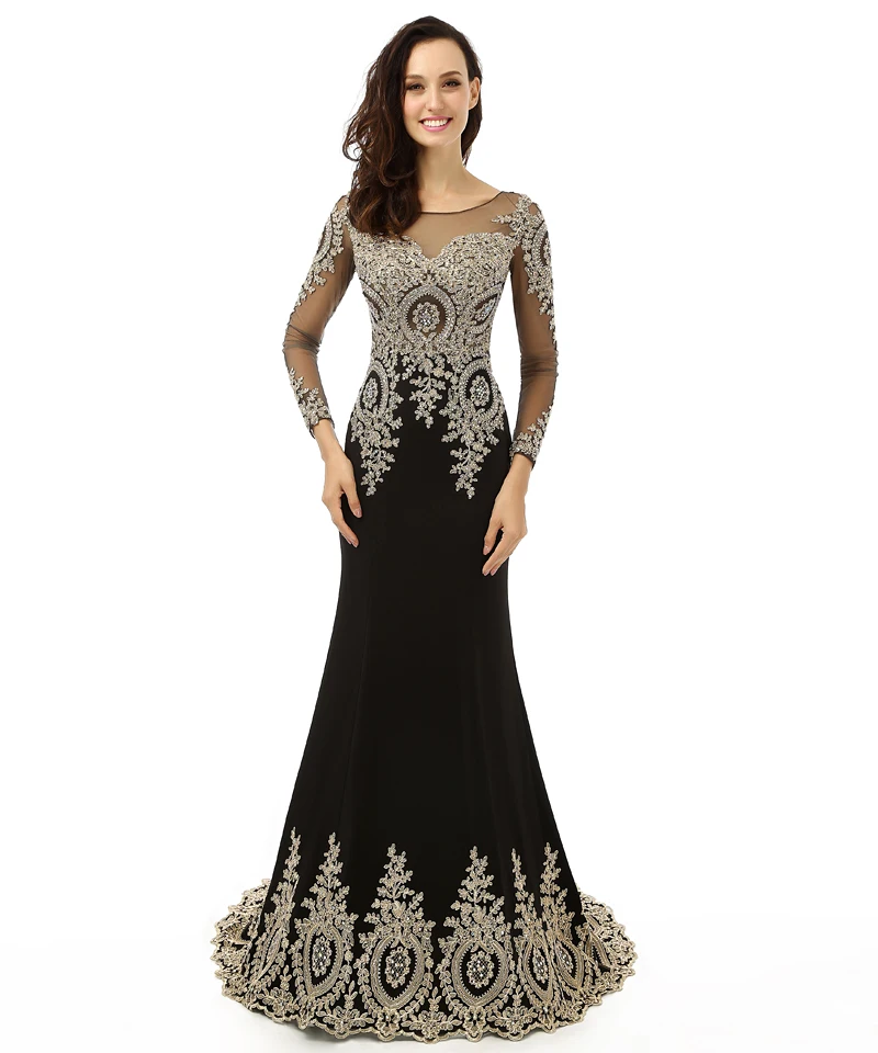 Black Long Sleeve Prom 2018 Shinny Beads Applique Mermaid vestido de festa longo Long Evening Gown mother of the bride dresses